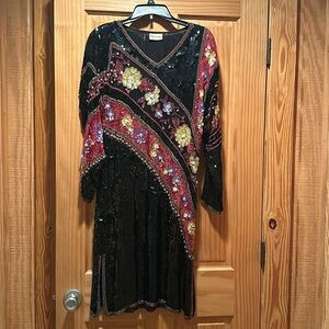 Vintage Oleg Cassini beaded Cocktail Dress Evening Gown with sheer panels